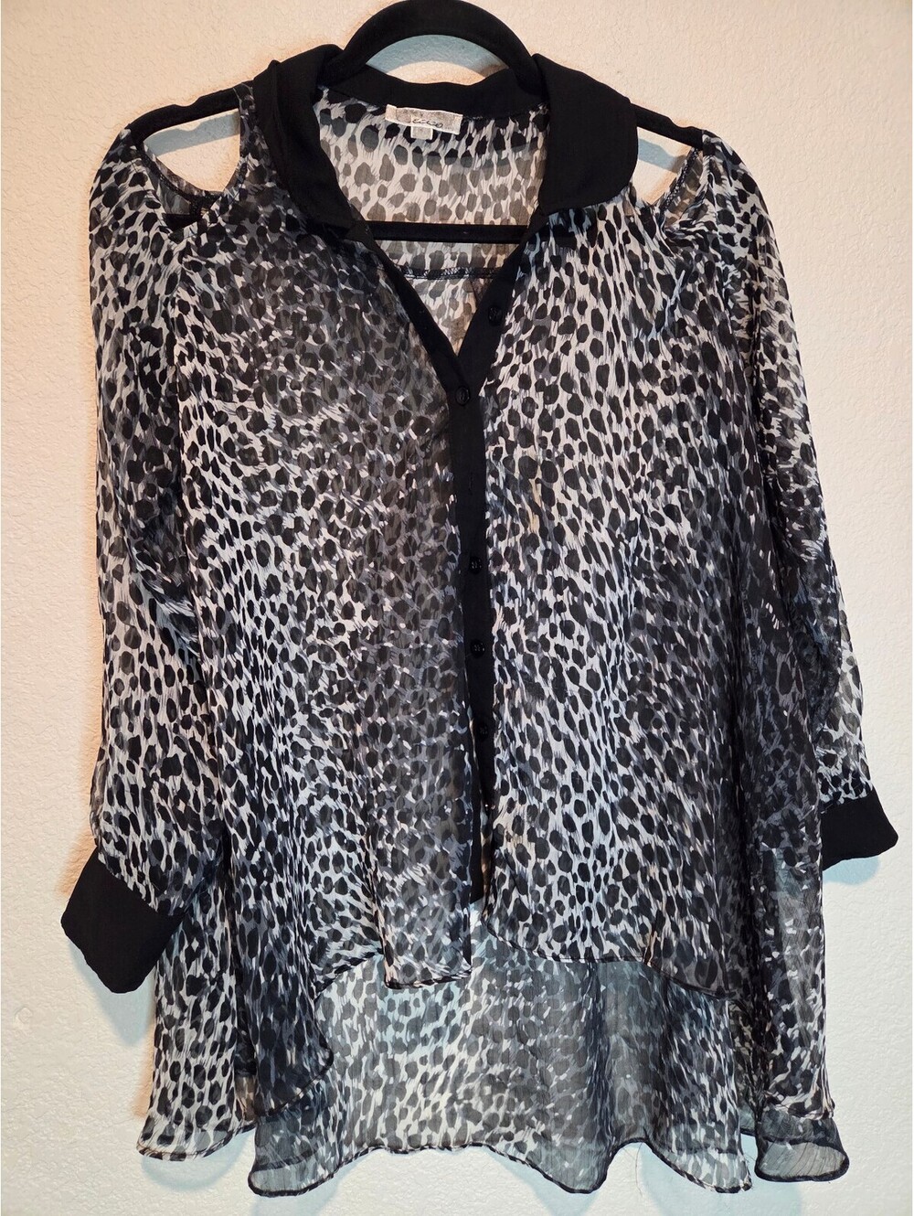 Cecico Sheer Black and White Animal Print Cold Shoulder Blouse, S